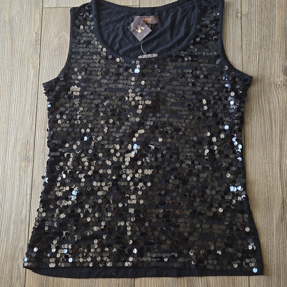 NWT Victor Alfaro Black Sequin Tank Top